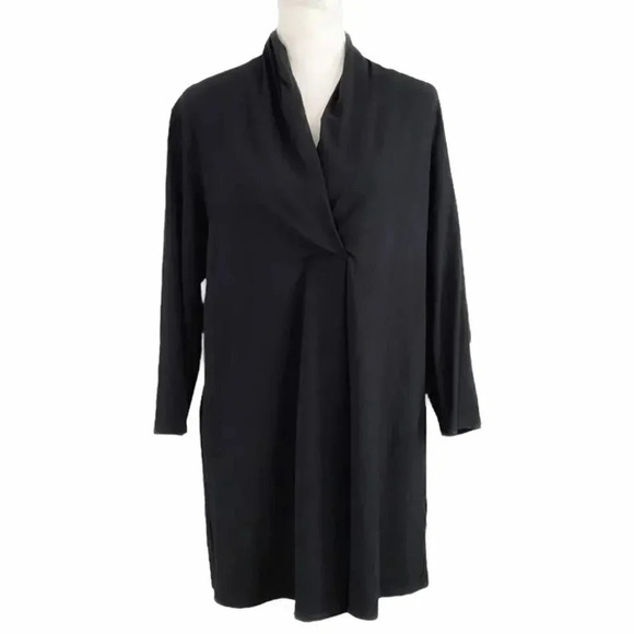 EILEEN FISHER Black Stretch Twist Front Split  Long Rayon/ Nylon Tunic Top-S-EUC - Picture 3 of 9
